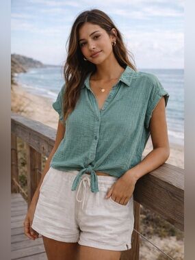 Splendid Seafoam Green Gauze Button Front Short Sleeve Top 100% Cotton